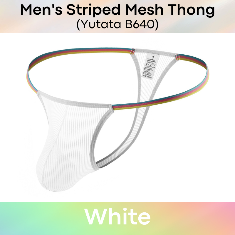 Men's Thong : Striped Mesh See Through with Thin Rainbow Waistband (Yutata B640)