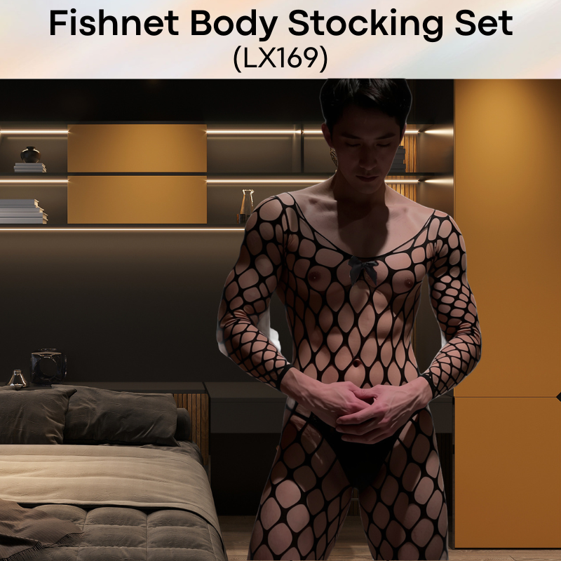 Unisex Underwear: Polyester Fishnet Web Body Stocking with Mesh GString Underwear and Blindfold Set (LX169)
