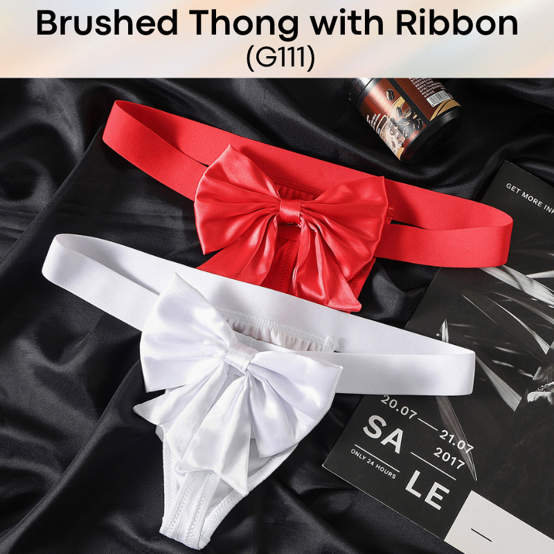 Men's Thong: Polyester Metallic Brushed Pouch with Rear Removable Ribbon Thong Underwear (G111)