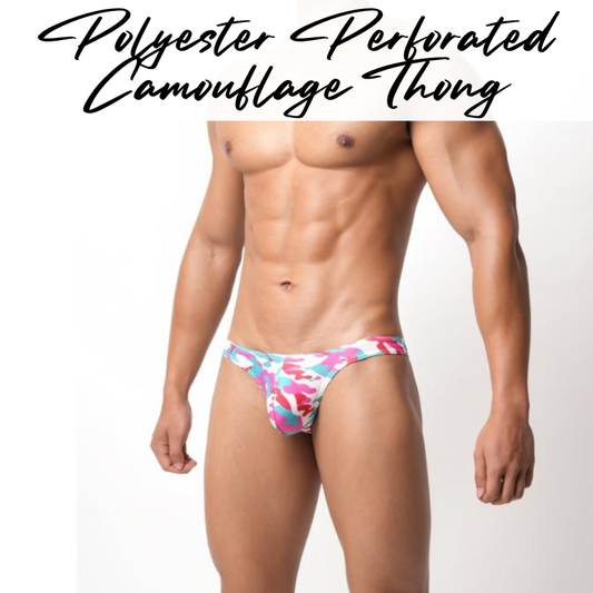 Men's Thong: Polyester Perforated Camouflage Print Thong Underwear (E120)