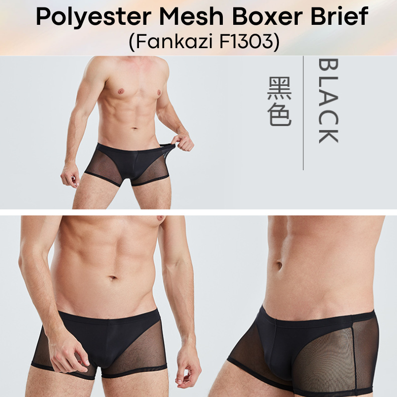 Men's Boxer: Polyester Mesh See Through with Ice Silk Pouch Layer Boxer Brief Underwear (F1303)