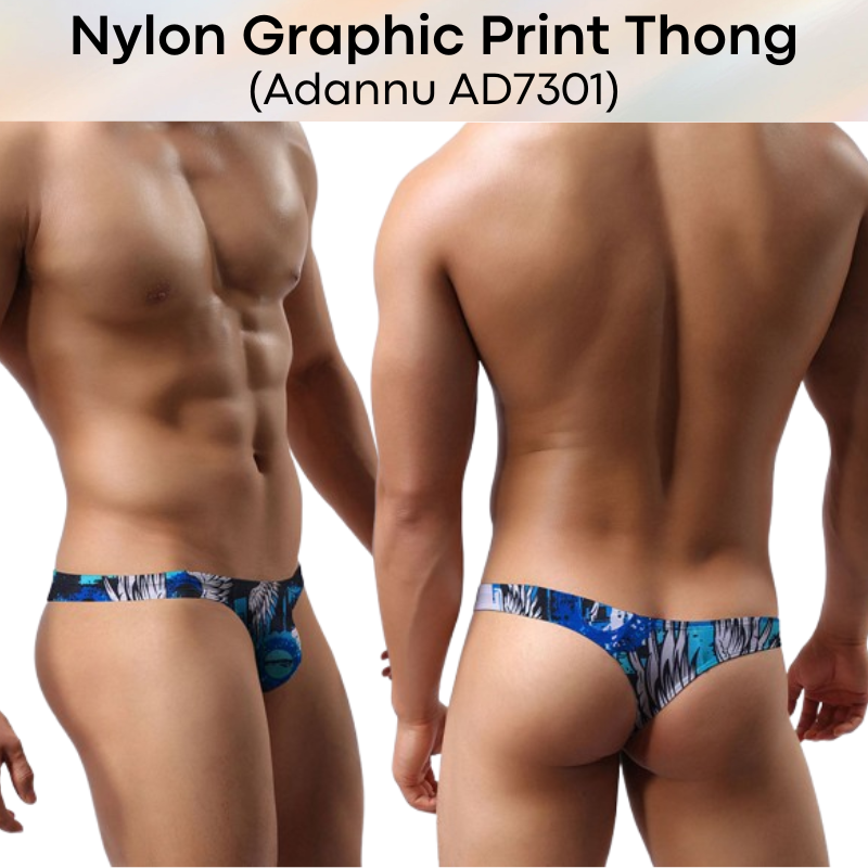 Men's Thong: Nylon Graphic Print Low Waist T Back Thong Underwear (AD7301)