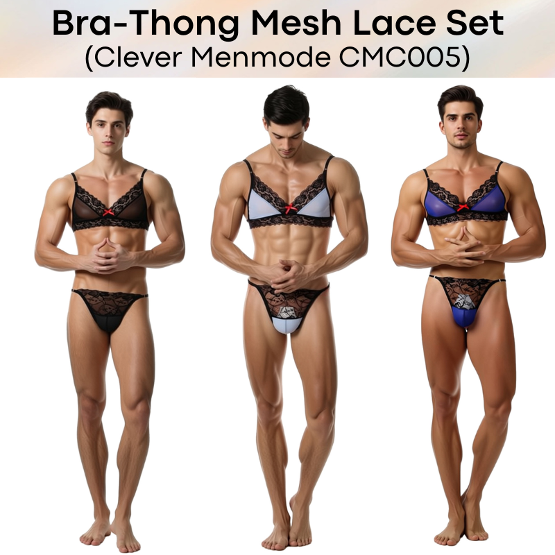 Men's Thong: Nylon Lace-Mesh Chest Bra and Thong Underwear Set (CMF006)