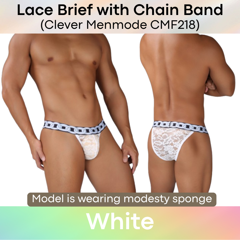 Men's Brief: Floral Lace with Chain Print Waistband Half Brief Underwear (CMF218)