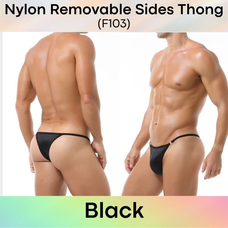 Men's Thong: Nylon Satin-Like Shiny Wide Thong with Removable Side Clip Buckle (F103)