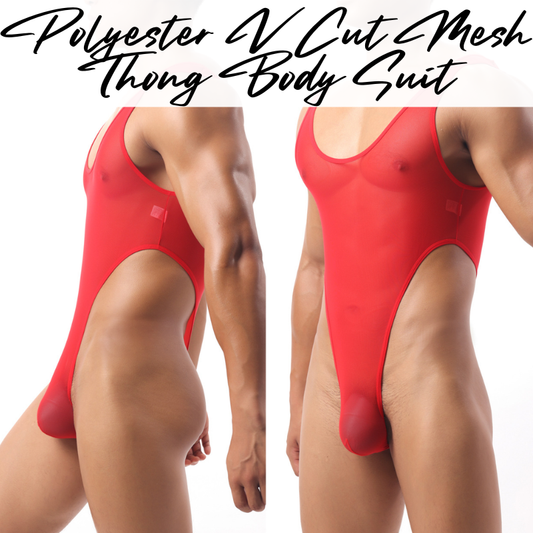 Mens Bodysuit: Polyester Mesh V Cut Thong Bodysuit Underwear (E776)