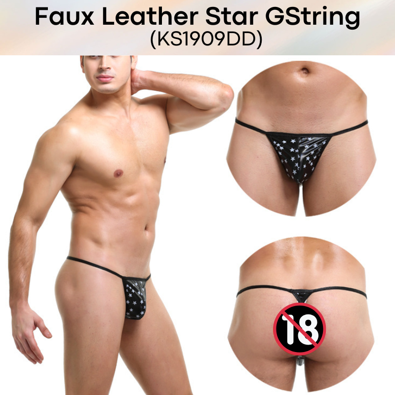 Men's GString: Polyester Faux Leather Star Print Design GString Underwear (KS1909DD)
