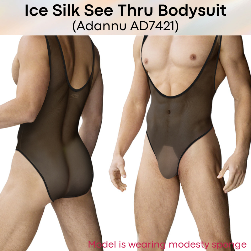 Men's Bodysuit: Nylon Ice Silk Sheer See Through Slim Fit Bodysuit (AD7421)