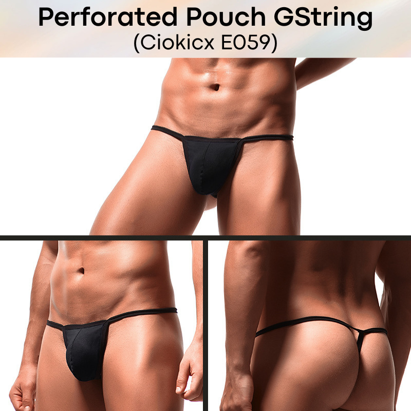 Men's GString: Perforated Large Pouch GString Underwear (E059)