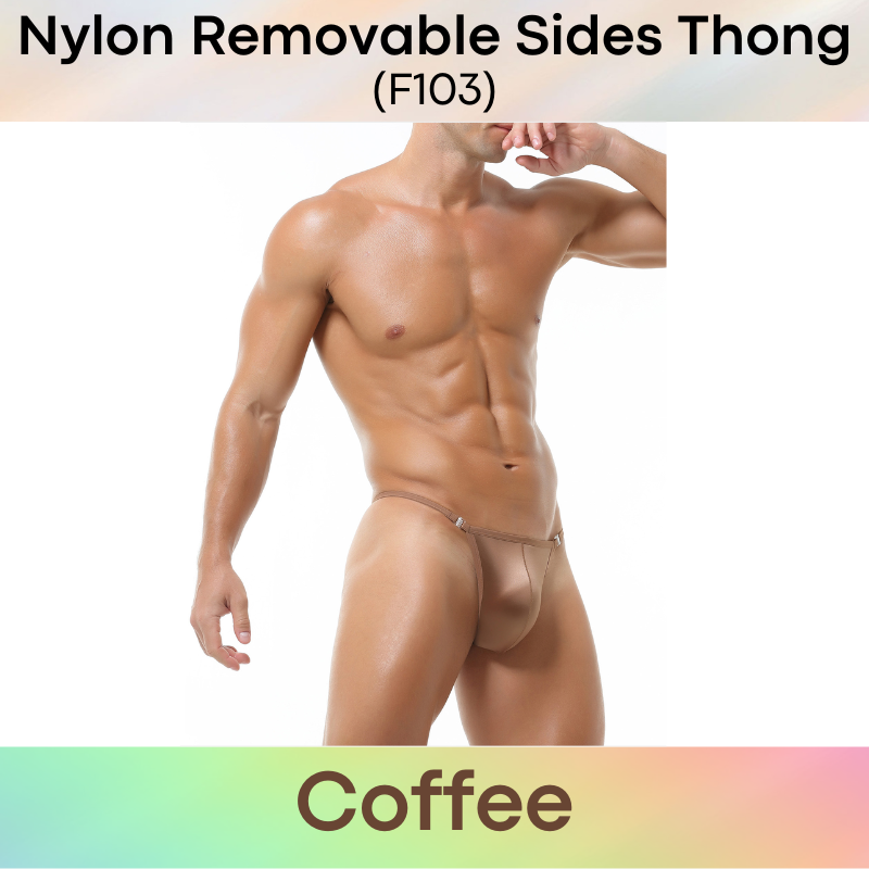 Men's Thong: Nylon Satin-Like Shiny Wide Thong with Removable Side Clip Buckle (F103)
