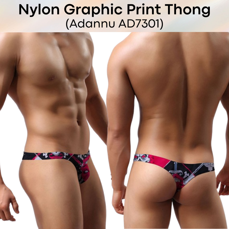 Men's Thong: Nylon Graphic Print Low Waist T Back Thong Underwear (AD7301)