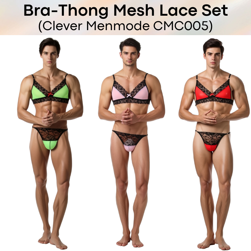 Men's Thong: Nylon Lace-Mesh Chest Bra and Thong Underwear Set (CMF006)