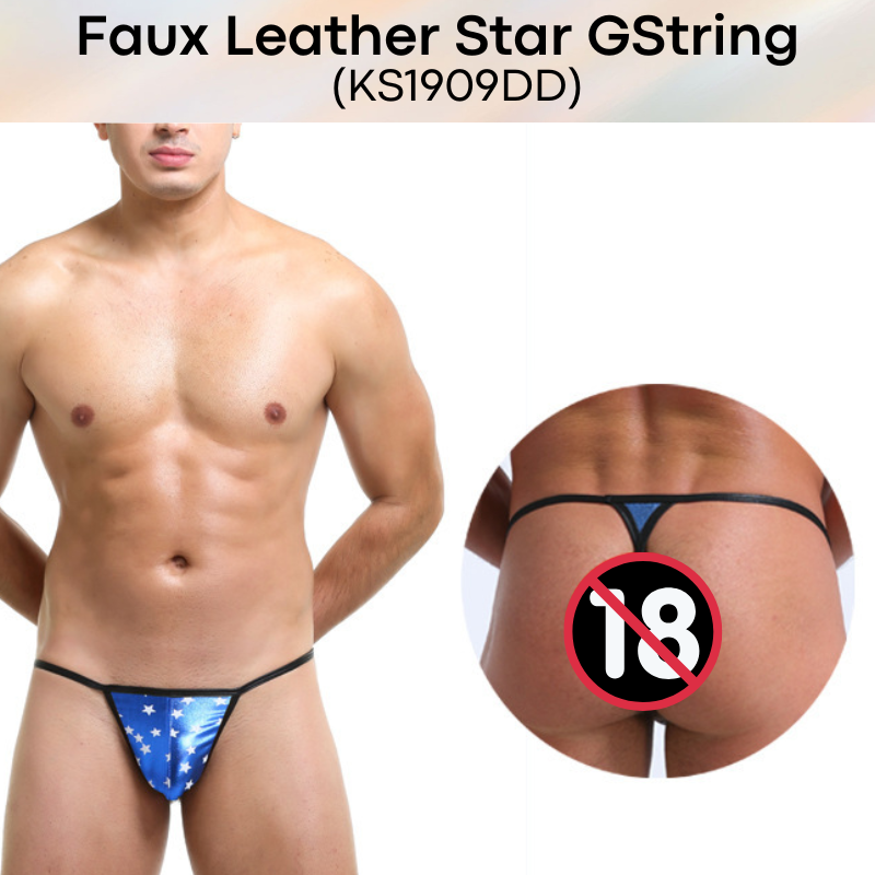 Men's GString: Polyester Faux Leather Star Print Design GString Underwear (KS1909DD)