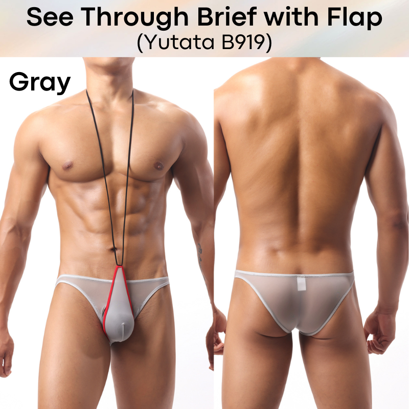 Men's Brief: Polyester Ice Silk Transluscent Brief with Open Flap and Neckline (B919)