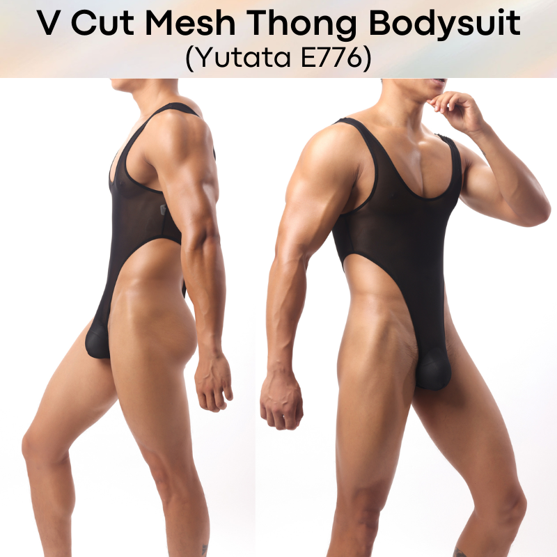 Mens Bodysuit: Polyester Mesh V Cut Thong Bodysuit Underwear (E776)