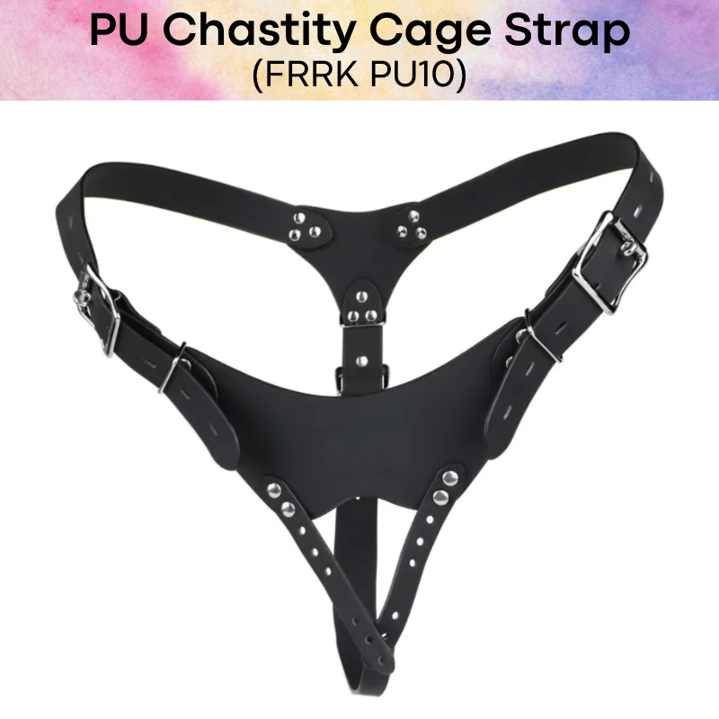 Adult Toy: Men's PU Chastity Cage Thong Strap with Lockable Belt and Tamper Proof Screw (FRRKPU10)