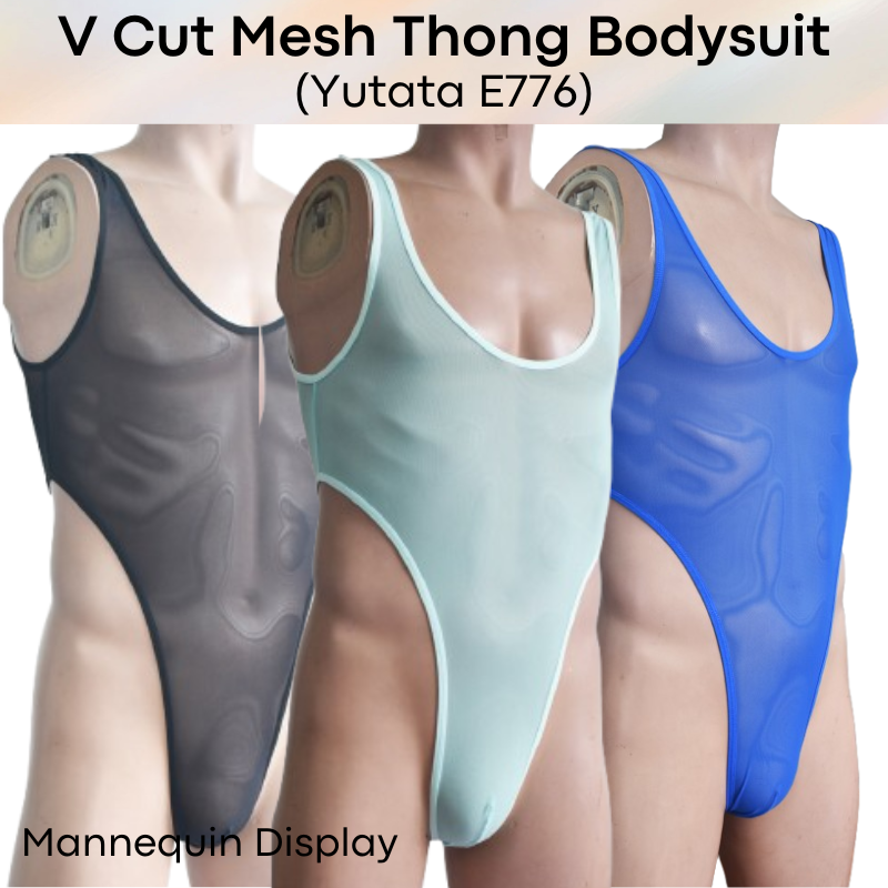 Mens Bodysuit: Polyester Mesh V Cut Thong Bodysuit Underwear (E776)