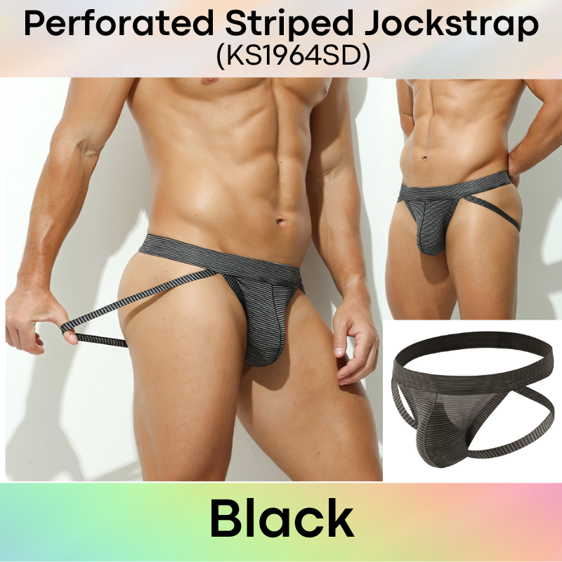 Men's Jockstrap: Polyester Tiny Perforated Striped Jockstrap Underwear (KS1964SD)