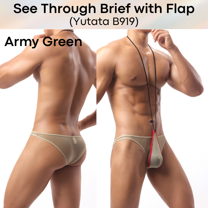 Men's Brief: Polyester Ice Silk Transluscent Brief with Open Flap and Neckline (B919)