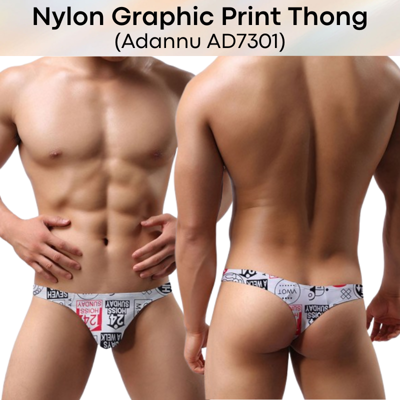Men's Thong: Nylon Graphic Print Low Waist T Back Thong Underwear (AD7301)