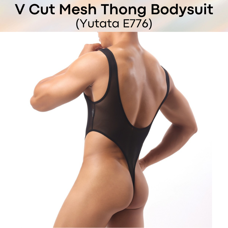 Mens Bodysuit: Polyester Mesh V Cut Thong Bodysuit Underwear (E776)