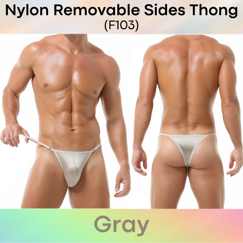Men's Thong: Nylon Satin-Like Shiny Wide Thong with Removable Side Clip Buckle (F103)