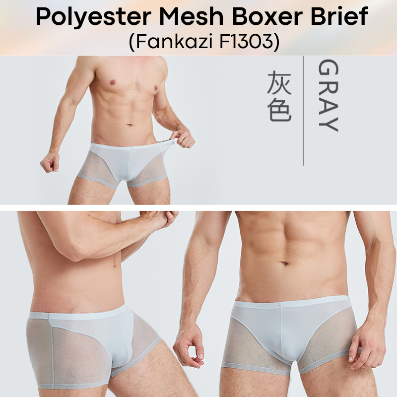 Men's Boxer: Polyester Mesh See Through with Ice Silk Pouch Layer Boxer Brief Underwear (F1303)