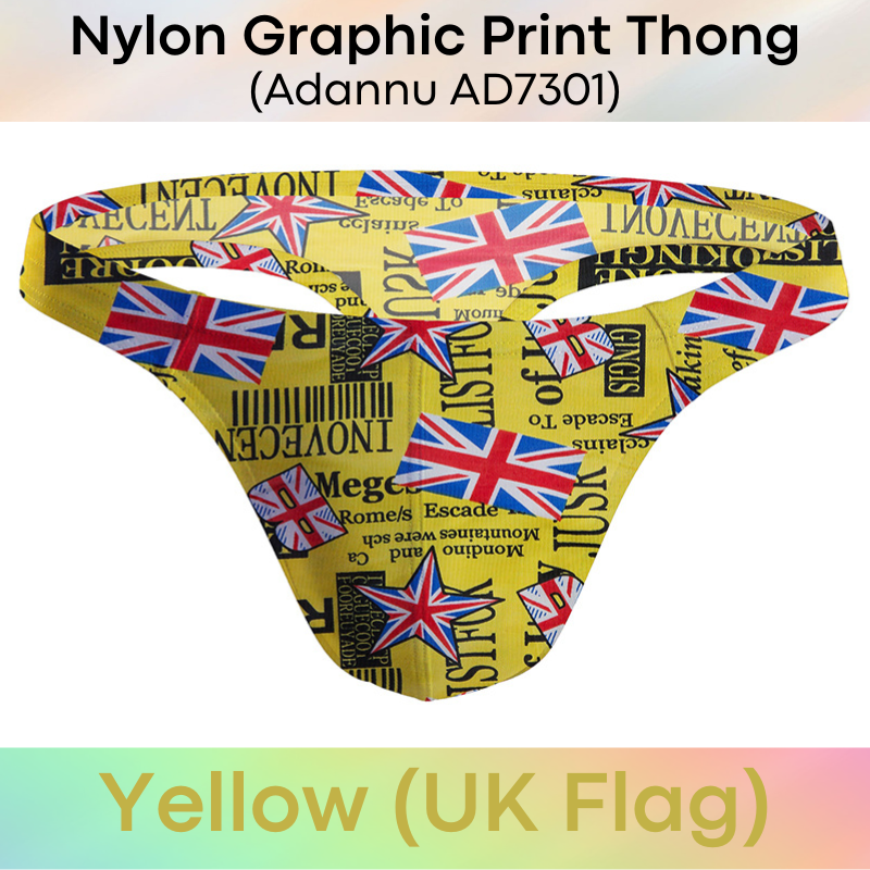 Men's Thong: Nylon Graphic Print Low Waist T Back Thong Underwear (AD7301)