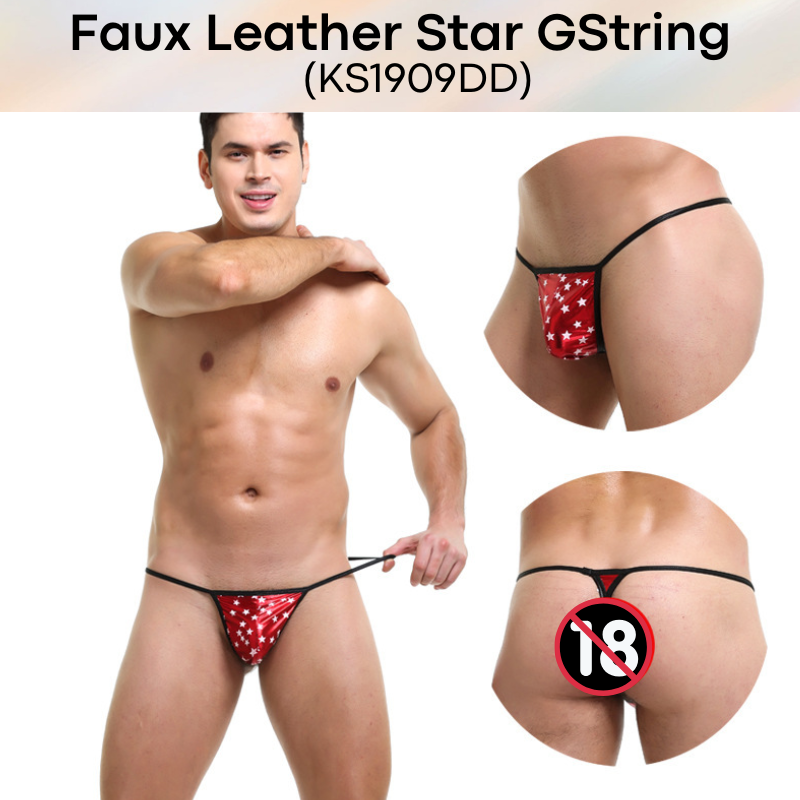 Men's GString: Polyester Faux Leather Star Print Design GString Underwear (KS1909DD)