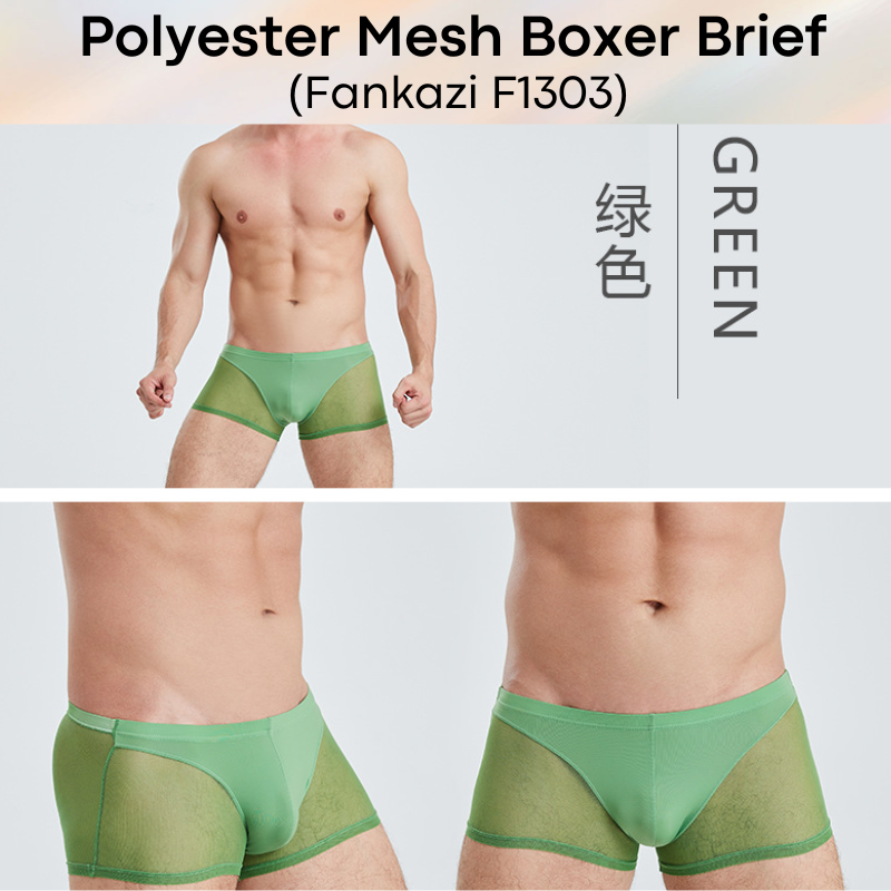 Men's Boxer: Polyester Mesh See Through with Ice Silk Pouch Layer Boxer Brief Underwear (F1303)