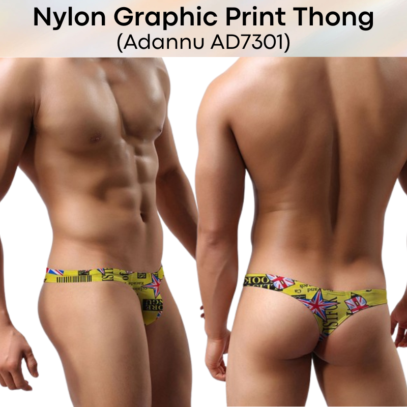 Men's Thong: Nylon Graphic Print Low Waist T Back Thong Underwear (AD7301)