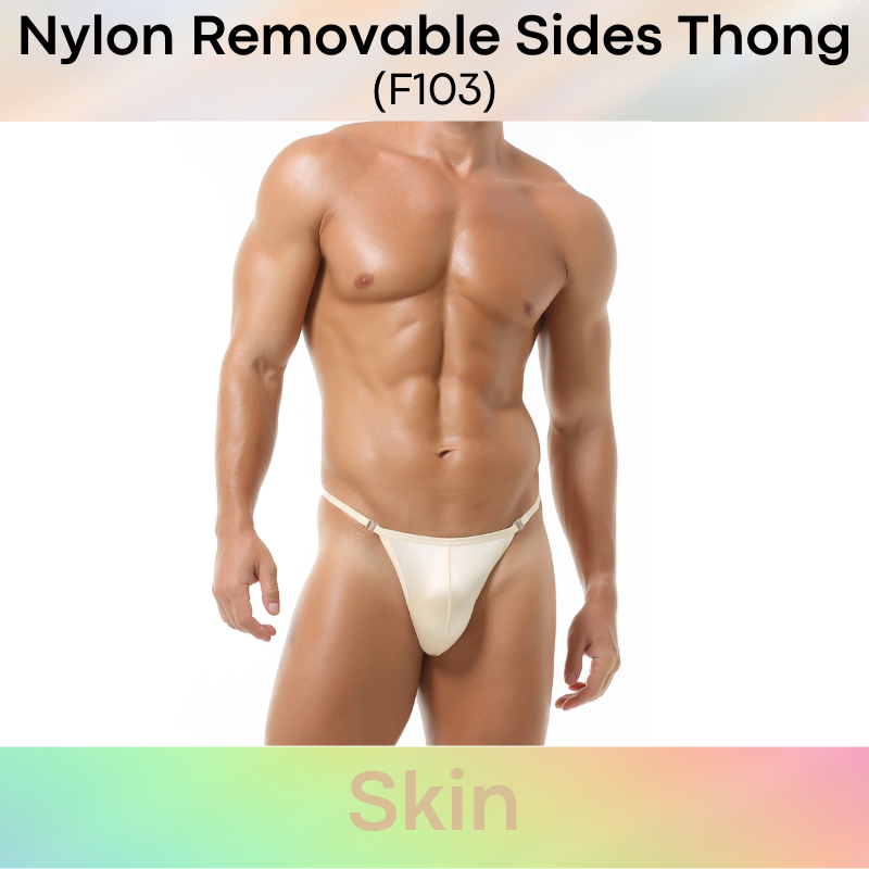 Men's Thong: Nylon Satin-Like Shiny Wide Thong with Removable Side Clip Buckle (F103)