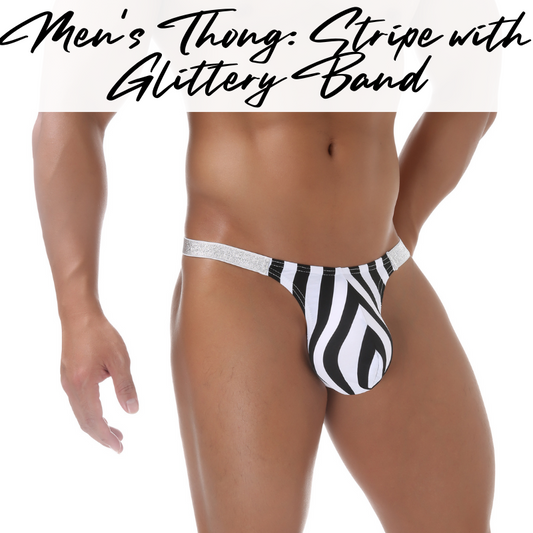 Men's Thong: B&W Stripe with Silver Glittery Waistband Nylon Thong (CMF267)