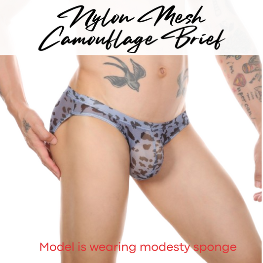 Men's Brief: Nylon Mesh Camouflage Print Brief Underwear (CMF073)
