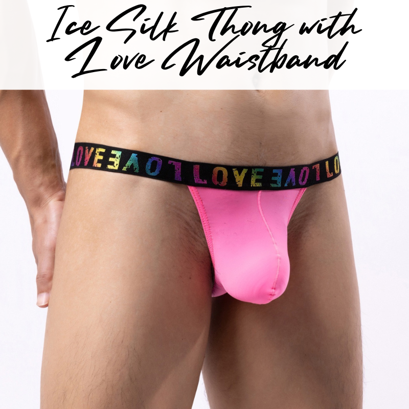 Men's Thong : Polyester Ice Silk Thong with Love Waistband (Yutata B889)