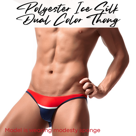 Men's Thong: Polyester Ice Silk Low Waist Thong with Dual Color Horizontal Strip (E050)
