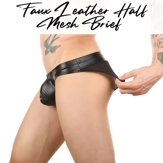 Men's Brief: Faux Leather Partial Mesh Brief (CMF160)