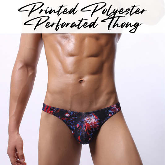 Men's Thong: Polyester Printed Thong with Perforated Air Holes (E084)