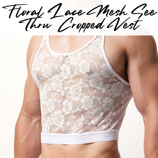 Men's Inner Tee: Polyester Floral Lace Mesh See Through Cropped Inner Vest with Removable Clip Underwear (E202)
