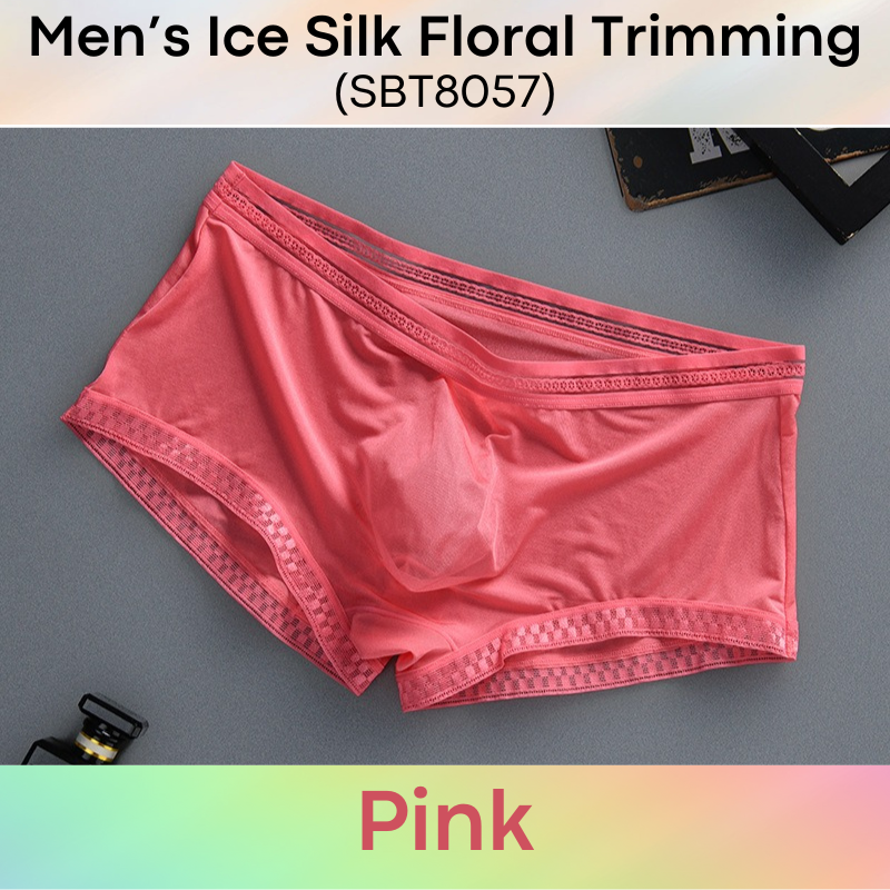 Men's Boxer : Ice Silk Floral Lace Trimming, Almost Translucent Boxer Brief Trunk (SBT8057)