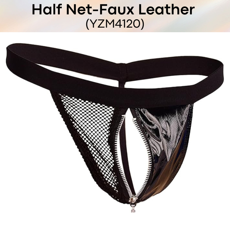 Men's GString: Half Net Half Faux Leather with Zipper Pouch GString Underwear (YZM4120)