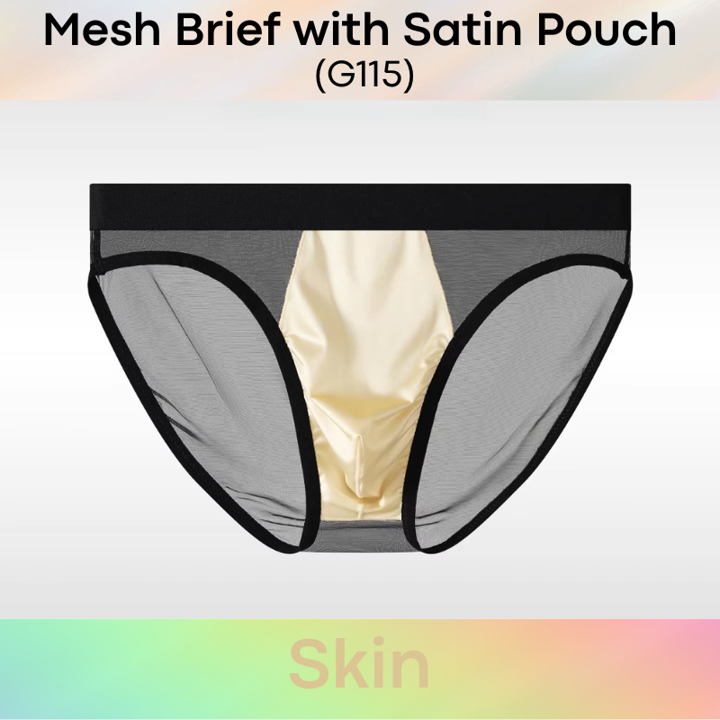 Men's Brief: Polyester Mesh See Through Brief with Satin Pouch Underwear (G115)