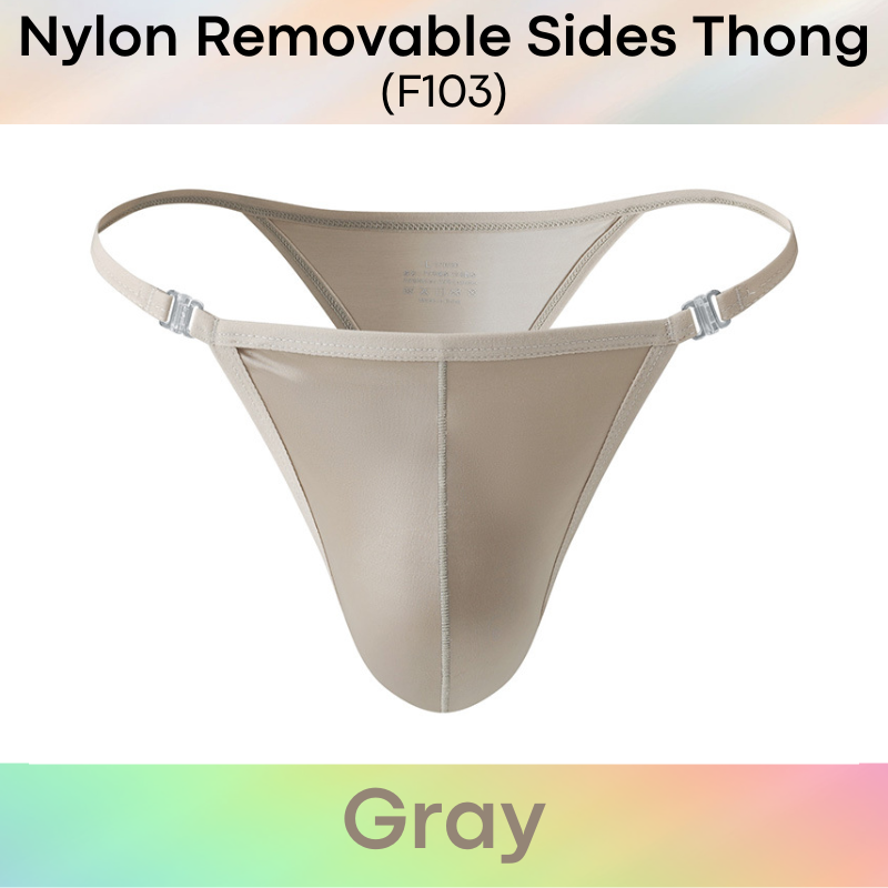Men's Thong: Nylon Satin-Like Shiny Wide Thong with Removable Side Clip Buckle (F103)