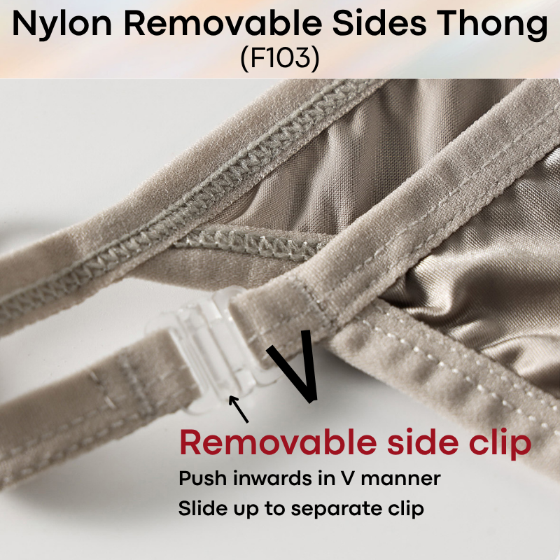 Men's Thong: Nylon Satin-Like Shiny Wide Thong with Removable Side Clip Buckle (F103)