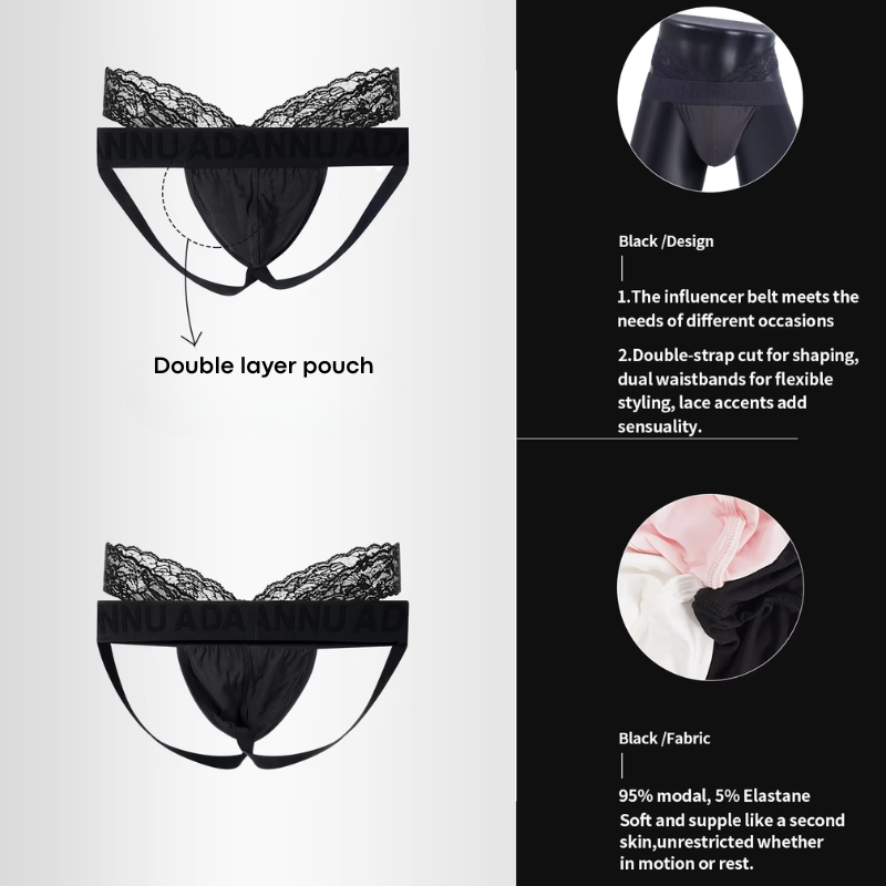 Men's Jockstrap: Modal Double Layer Pouch Jockstrap with Lace V Waist Strap (AD425)