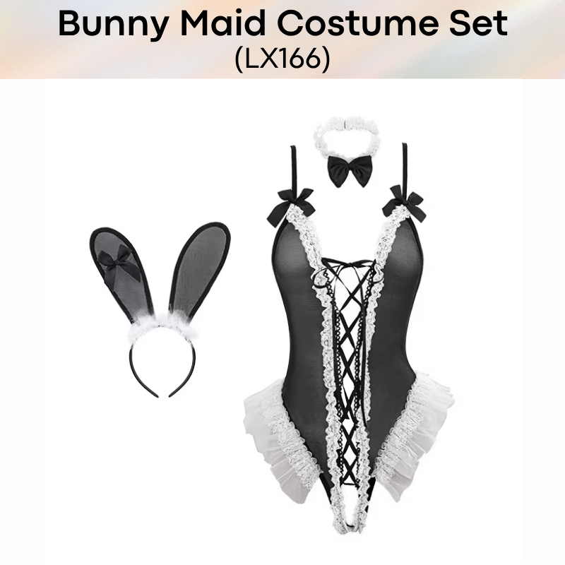 Unisex Underwear: Polyester Bunny Maid Crotchless Underwear Set (LX166)