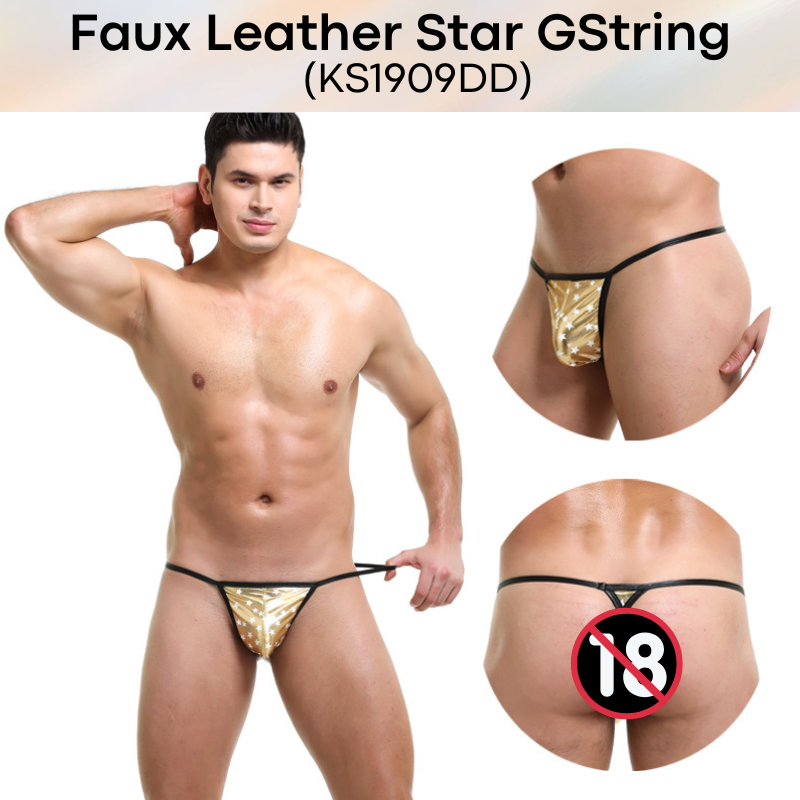 Men's GString: Polyester Faux Leather Star Print Design GString Underwear (KS1909DD)