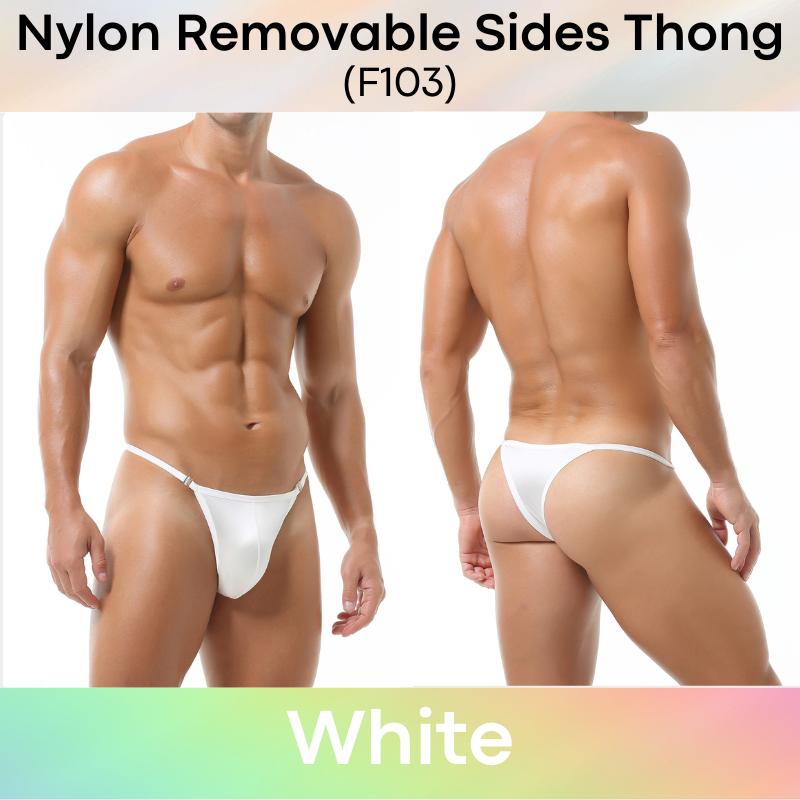 Men's Thong: Nylon Satin-Like Shiny Wide Thong with Removable Side Clip Buckle (F103)