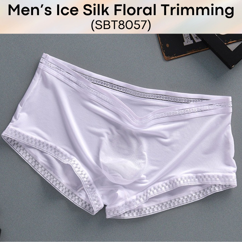 Men's Boxer : Ice Silk Floral Lace Trimming, Almost Translucent Boxer Brief Trunk (SBT8057)