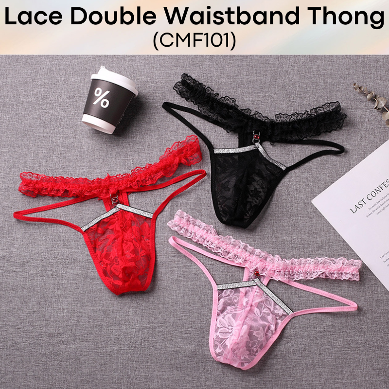 Men's Thong: Polyester Floral Lace Double Waistband Thong Underwear (CMF101)